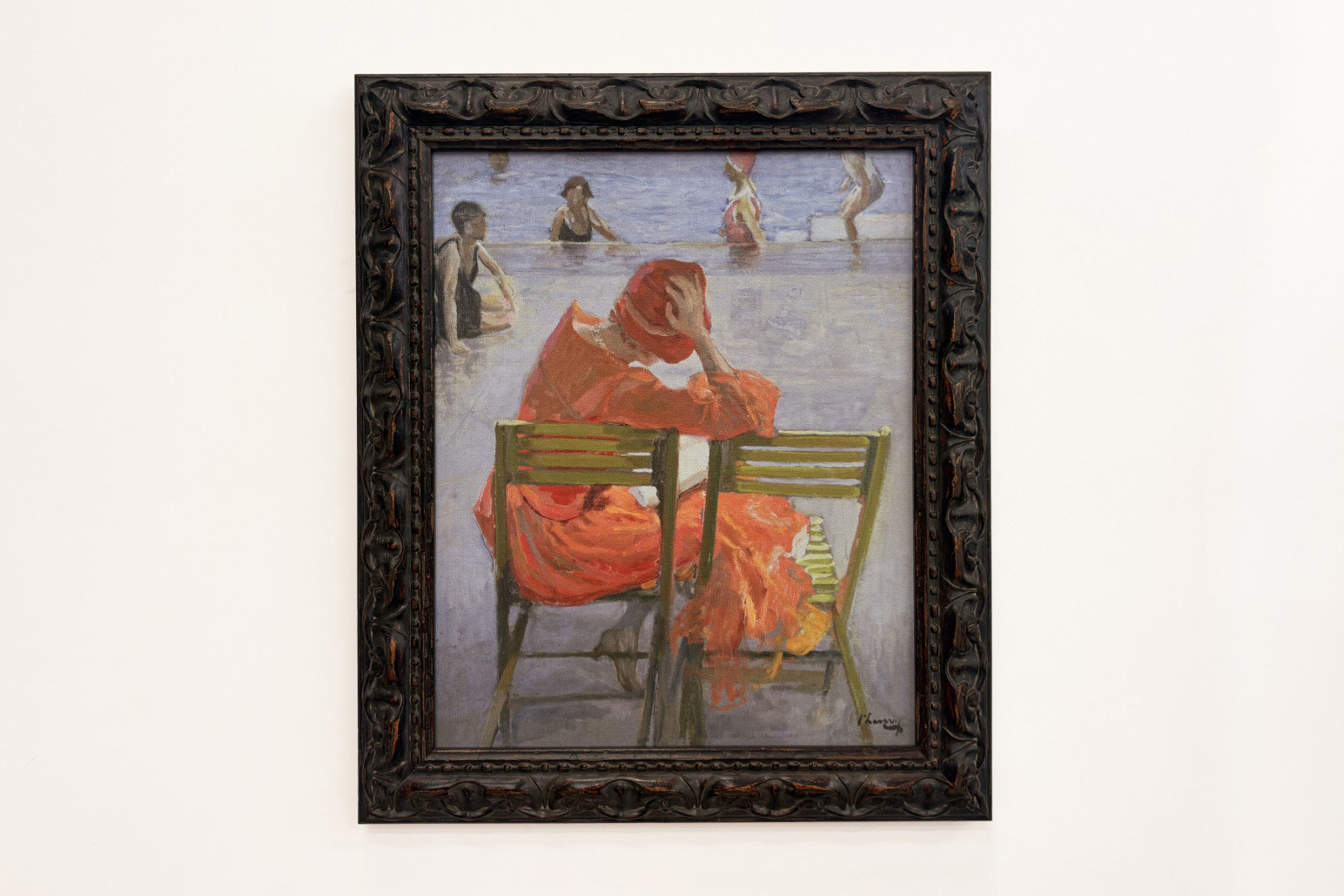 Mädchen im roten Kleid liest am Schwimmbecken - John Lavery