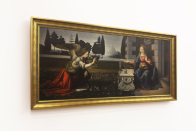 Italien Toskana Florenz, Uffizien: Die Verkündigung, Gemälde von Leonardo da Vinci (1452-1519), Öl auf Holz, ca. 1472-1475, 98x217 cm