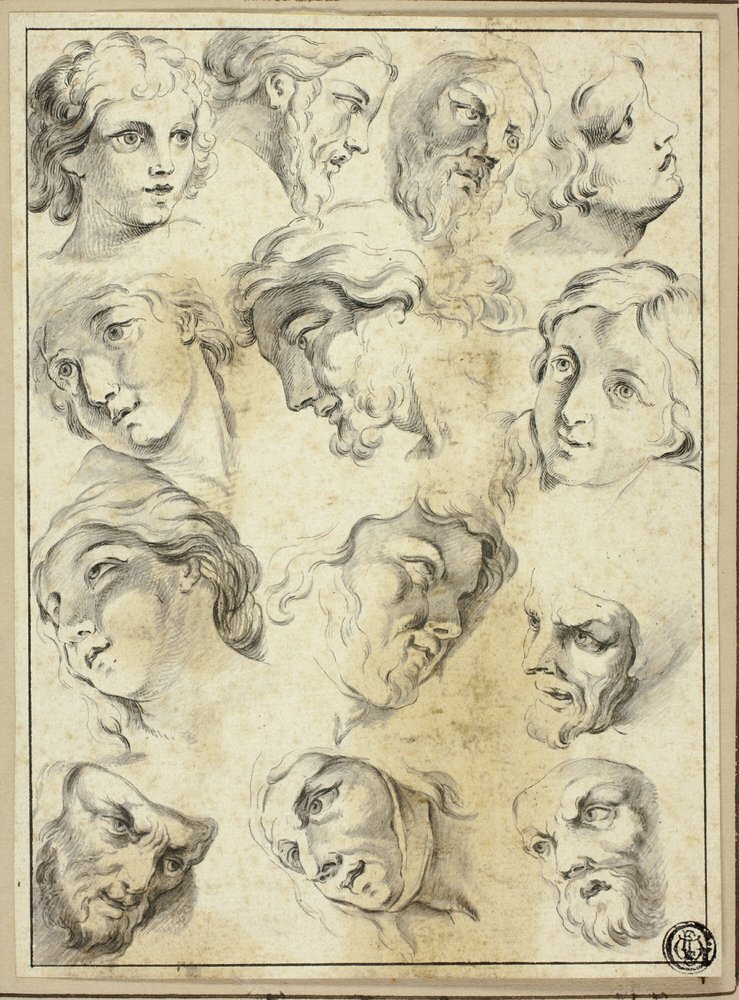 13 Skizzen verschiedener Gesichter von Abraham Bloemaert