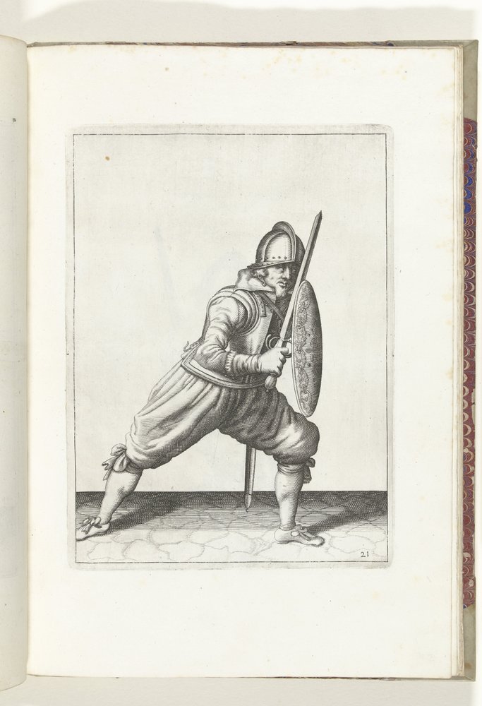 Die Übung mit Schild und Speer: Der Soldat in einer Verteidigungshaltung mit einem Fuß nach vorne und mit seinem Rapier und Schild auf dem Knie vor dem Körper (Nr. 21), 1618 (De Nassausche Wapen-Handelinge, van Schilt, Spies, Rappier ende Targe) von Adam van Breen