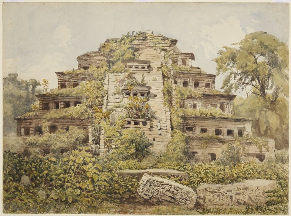 Gemälde eines zerstörten Tempels (Pyramide der Nischen) in El Tajin, Papantla, Mexiko von Adela Breton