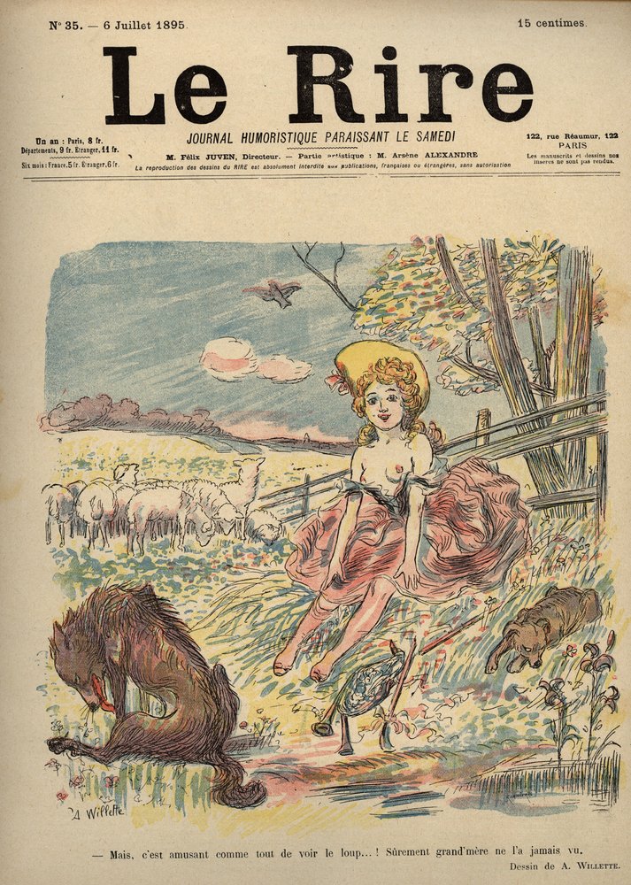 Rotkäppchen - barbusige Schäferin, Rotkäppchen - Aber es macht doch so viel Spaß, den Wolf zu sehen ...! Wahrscheinlich hat Großmutter ihn nie gesehen. Zeichnung von A. Willette für Le Rire, Nummer 35, 6. Juli von Adolphe Leon Willette