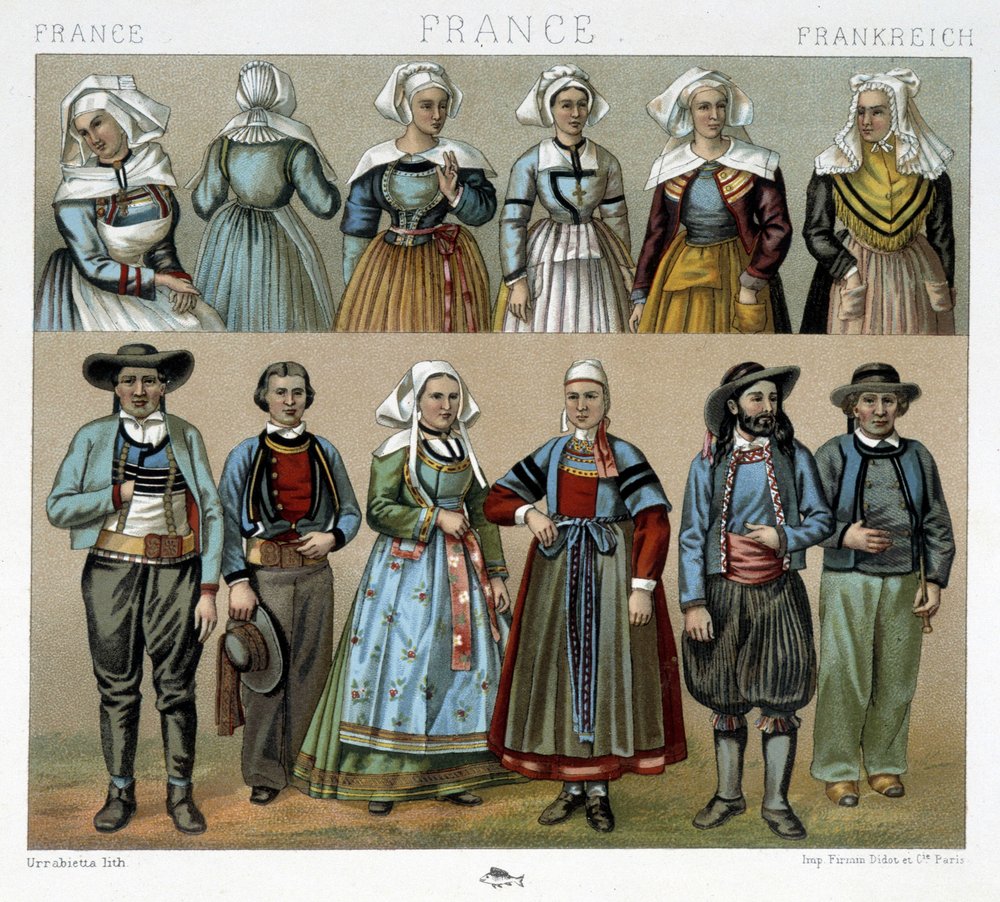 Bretonische Kostüme des 19. Jahrhunderts - in „Le costume ancien et historique“ von Racinet von Albert Charles August Racinet