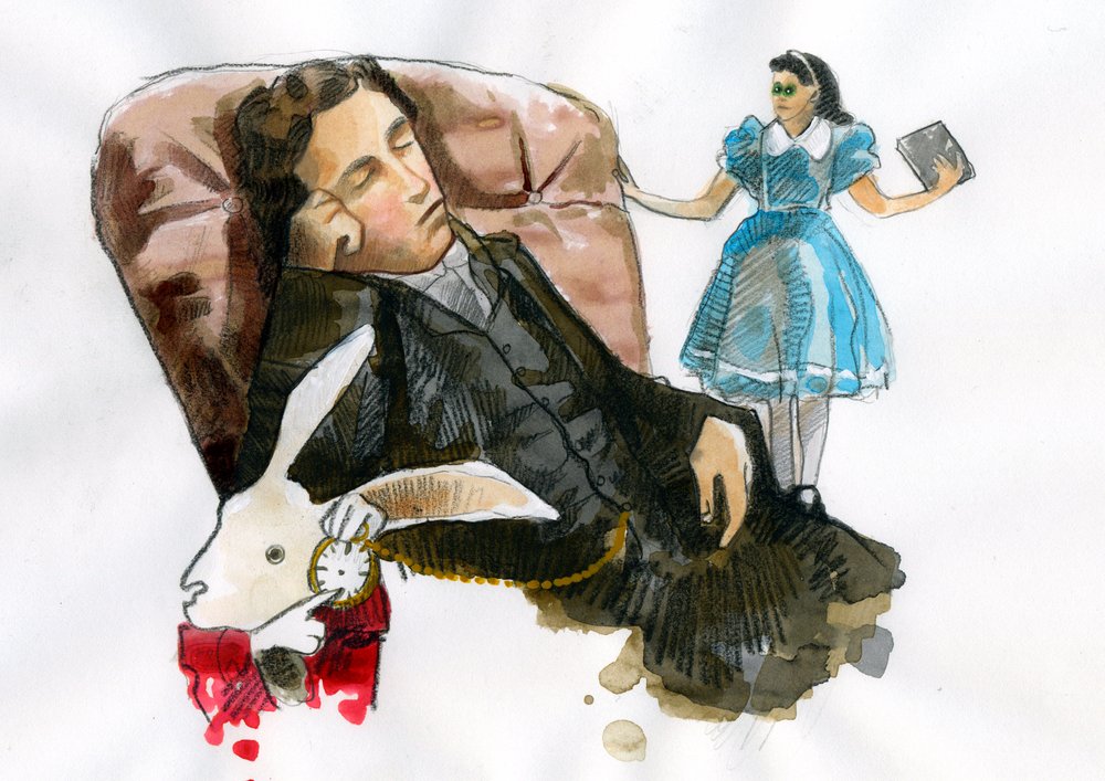 Porträt von Lewis Carroll, Schriftsteller, Essayist, Fotograf umgeben von seinen Charakteren von Alessandro Lonati