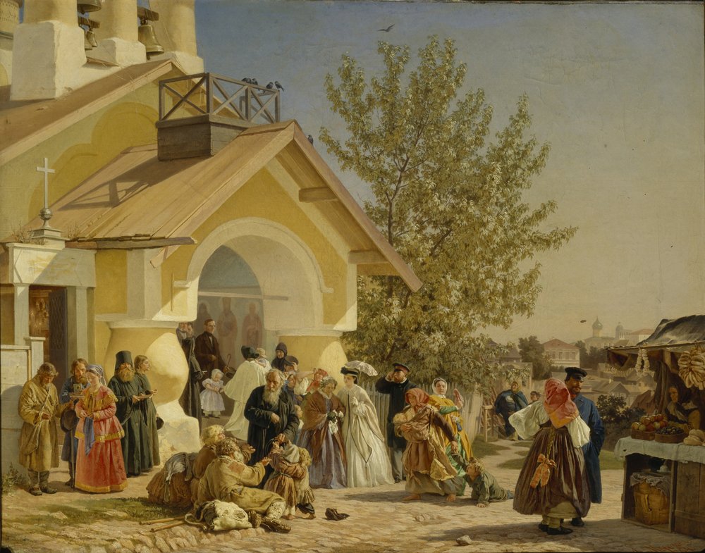 Aus einer Kirche in Pskow herauskommen, 1864 von Alexander Ivanovich Morozov