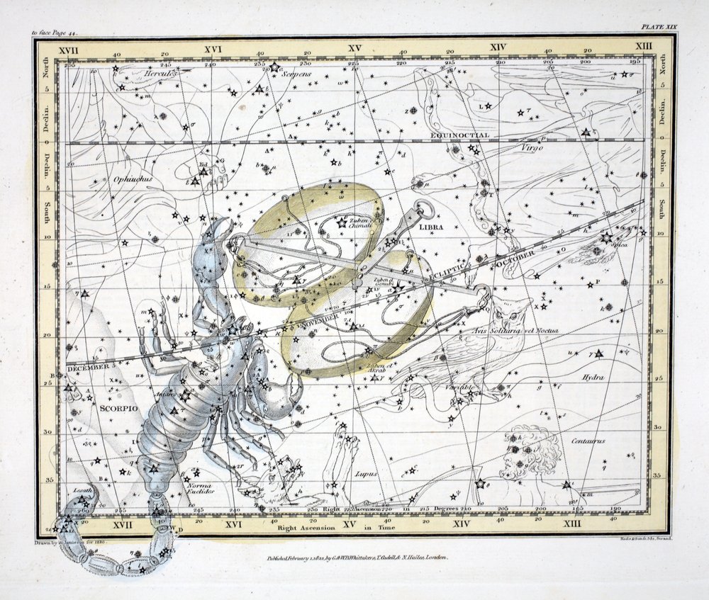Die Sternbilder (Tafel XIX) Waage und Skorpion, aus „A Celestial Atlas ...