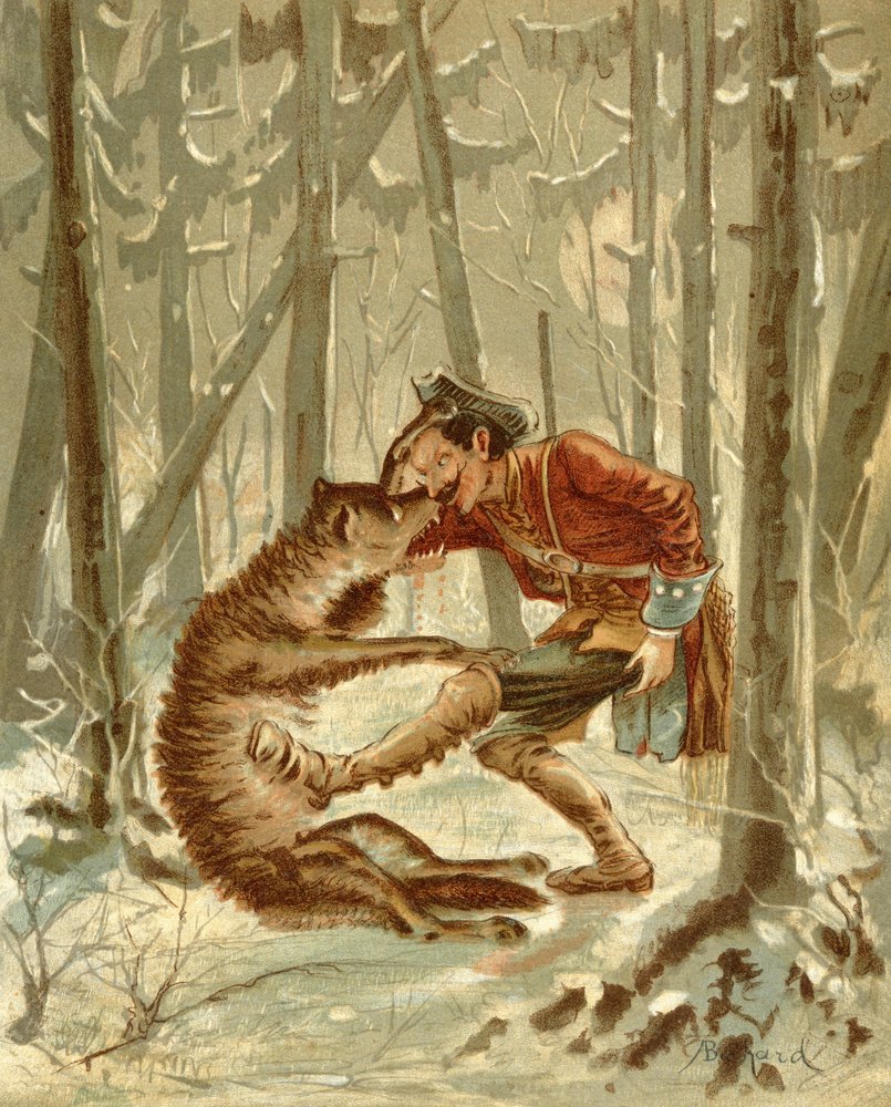 Baron Münchhausens Begegnung mit einem Wolf, aus 'Die Abenteuer des ...