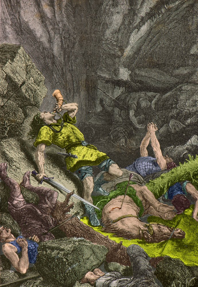 Der Ritter Roland bläst das Horn in Roncevaux im Jahr 778