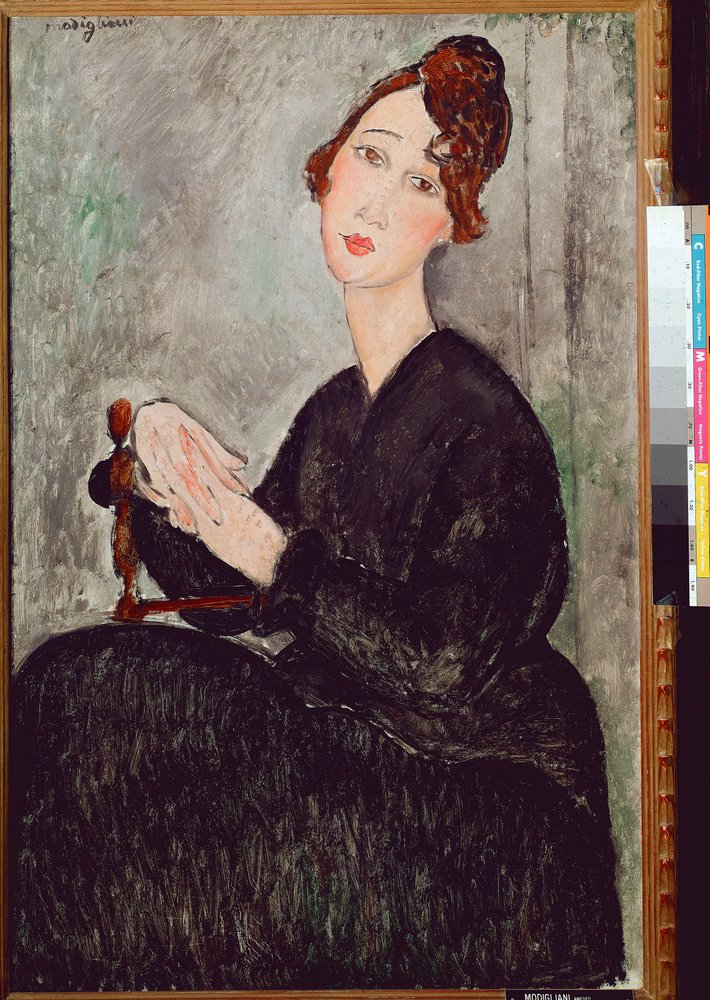 Porträt von Dedie Hayden (D. H.). Die schwarz gekleidete Frau hat einen melancholischen Gesichtsausdruck. Amedeo Modigliani (1884-1920), 1918. Maße: 92x60 cm. Paris, Musée national d