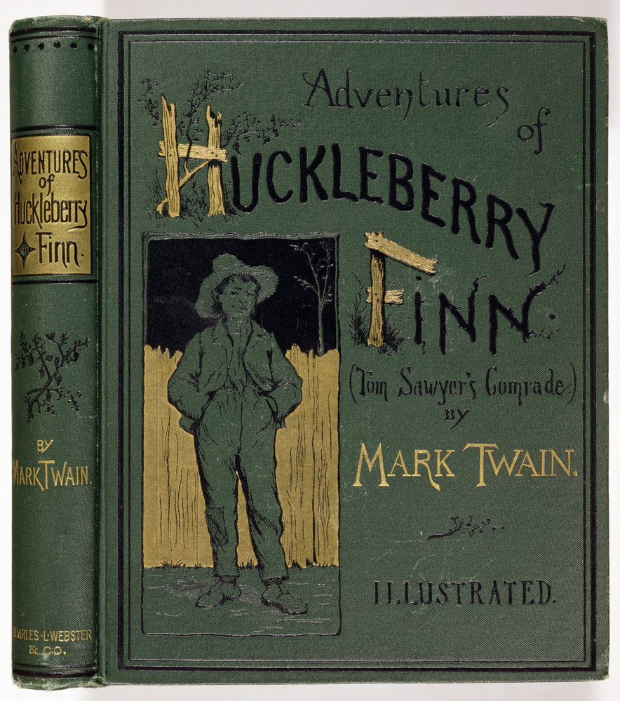 Einband von Die Abenteuer von Huckleberry Finn von Mark Twain (1835-1910), erste amerikanische Ausgabe, veröffentlicht von Charles L. Webster, 1885 von American School