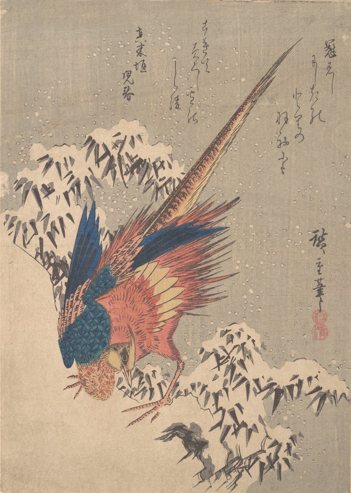 Fasan unter schneebedecktem Bambus am Hang, ca. 1840 von Ando Hiroshige