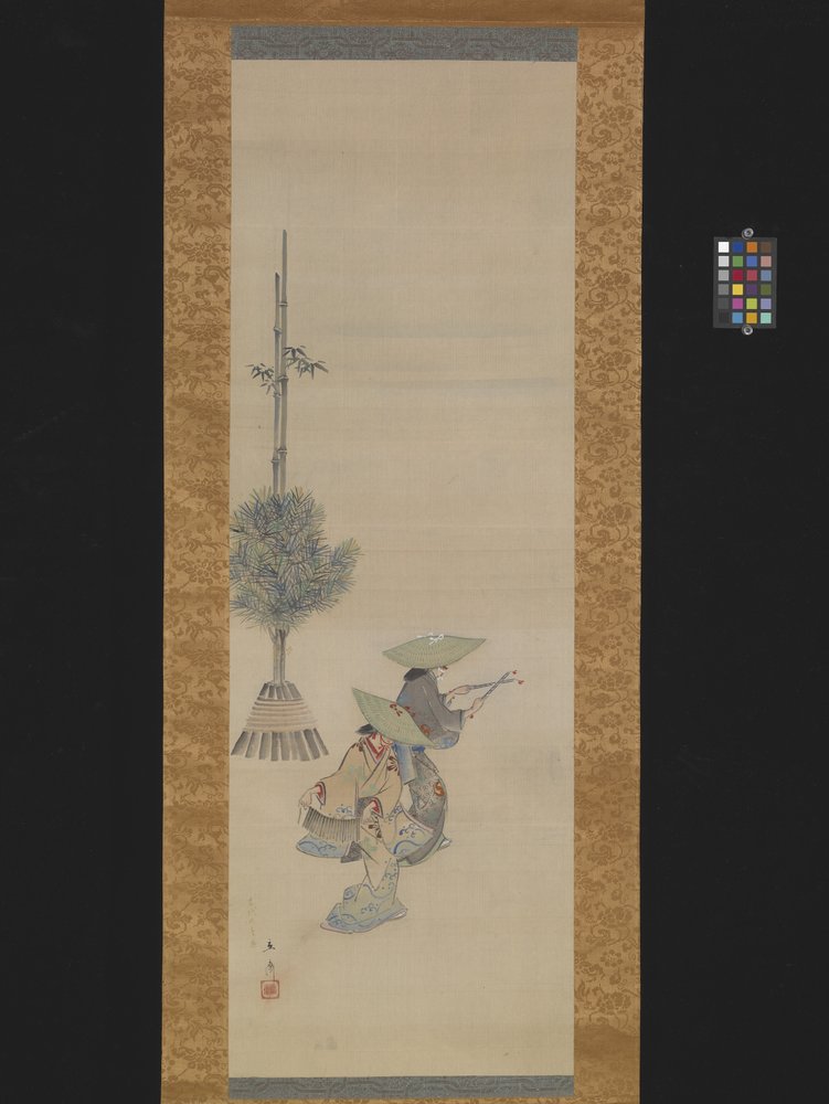 Zwei Frauen mit Hüten tanzen von Ando or Utagawa Hiroshige