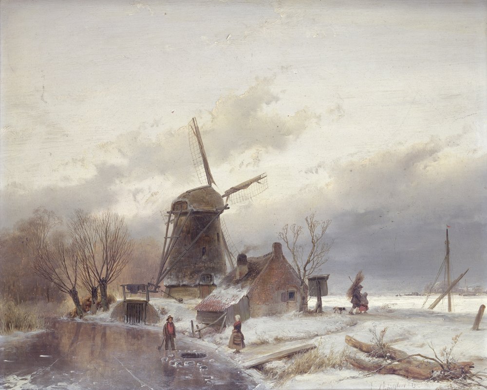 Zugefrorene Flusslandschaft mit einer Windmühle von Andreas Schelfhout