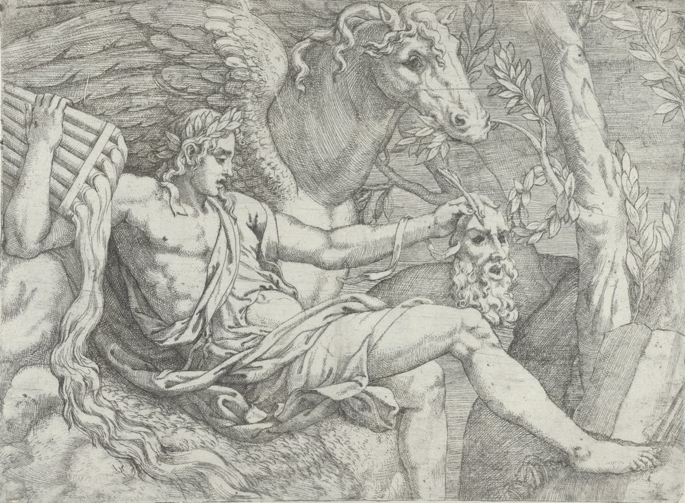 Apollo mit Pfeifen in der rechten Hand, begleitet von Pegasus von Angiolo Falconetto