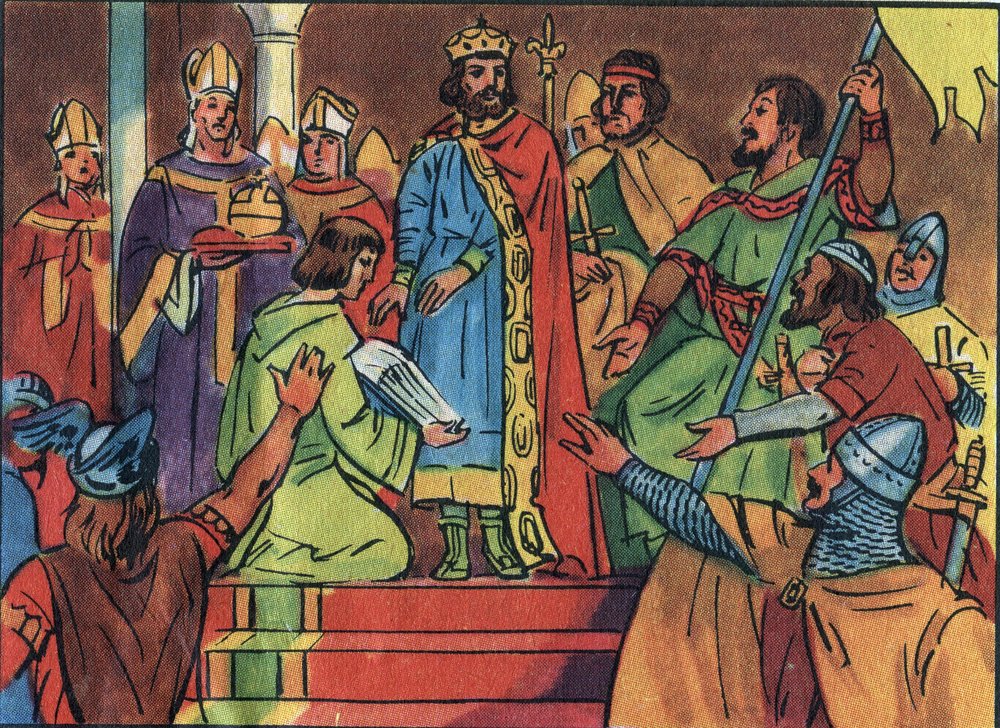 Krönung von Hugo Capet (941-996) in Noyon im Jahr 987 durch Adalbero (ca. 925-990), Erzbischof von Reims. Diese Krönung markierte den Beginn der Dynastie der Kapetinger, Könige von Frankreich, die 8 Jahre lang direkt oder indirekt regierten. Anonyme von Anonymous Anonymous
