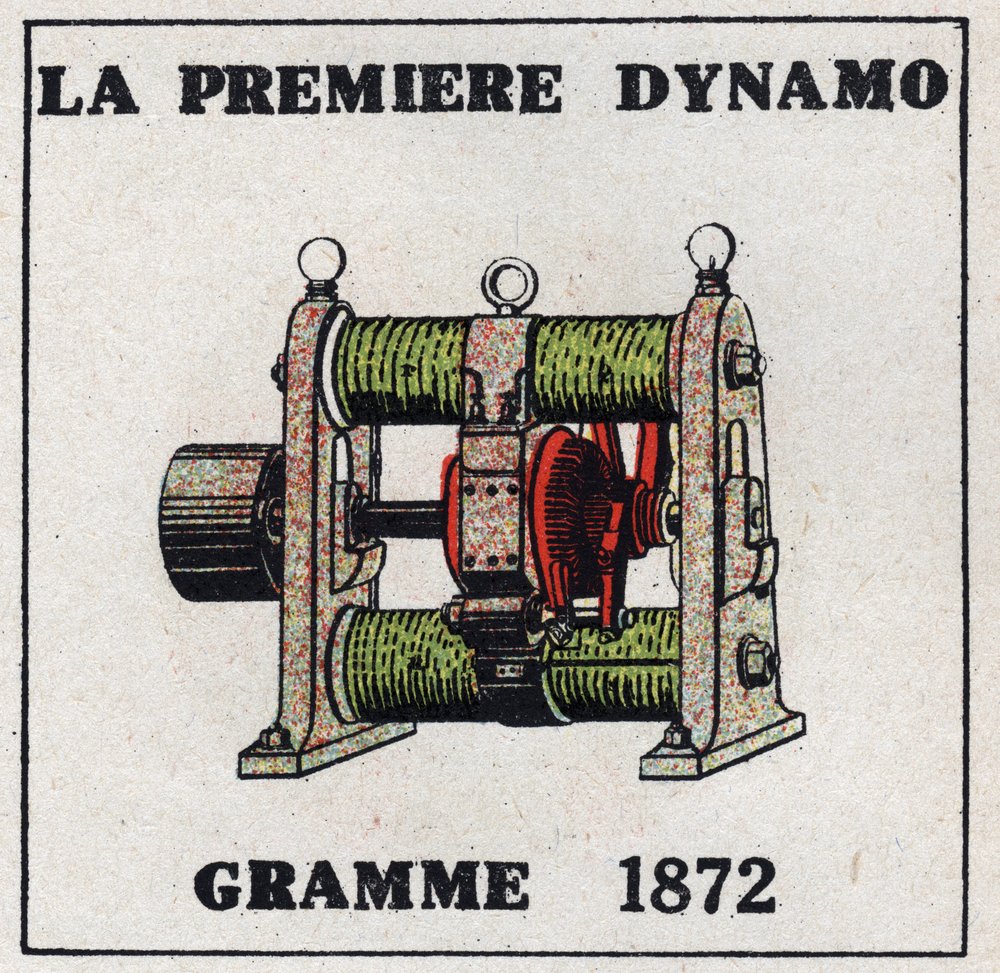 Dynamo: der erste Dynamo, erfunden von Zenobe Theophile Gram (1826-1901) im Jahr 1872. Anonyme Illustration von 1925. Private Sammlung. von Anonymous Anonymous