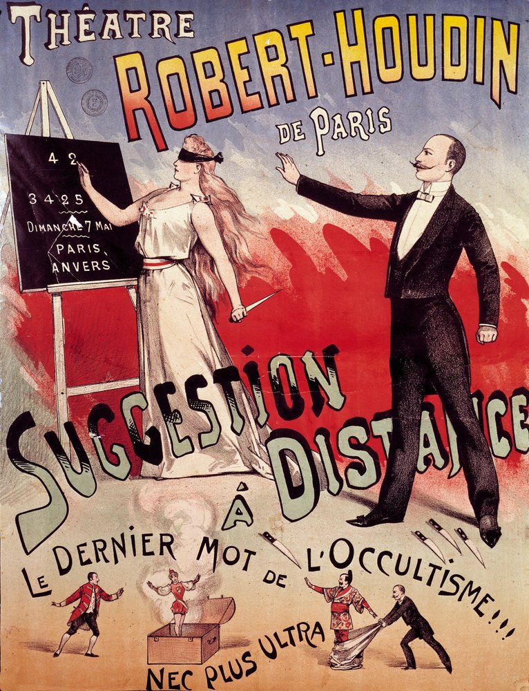 Plakat, das die Show „Suggestion à distance“ im Théâtre Robert-Houdin in Paris präsentiert, gegründet von Jean-Eugène Robert-Houdin (1805-1871) von Anonymous Anonymous