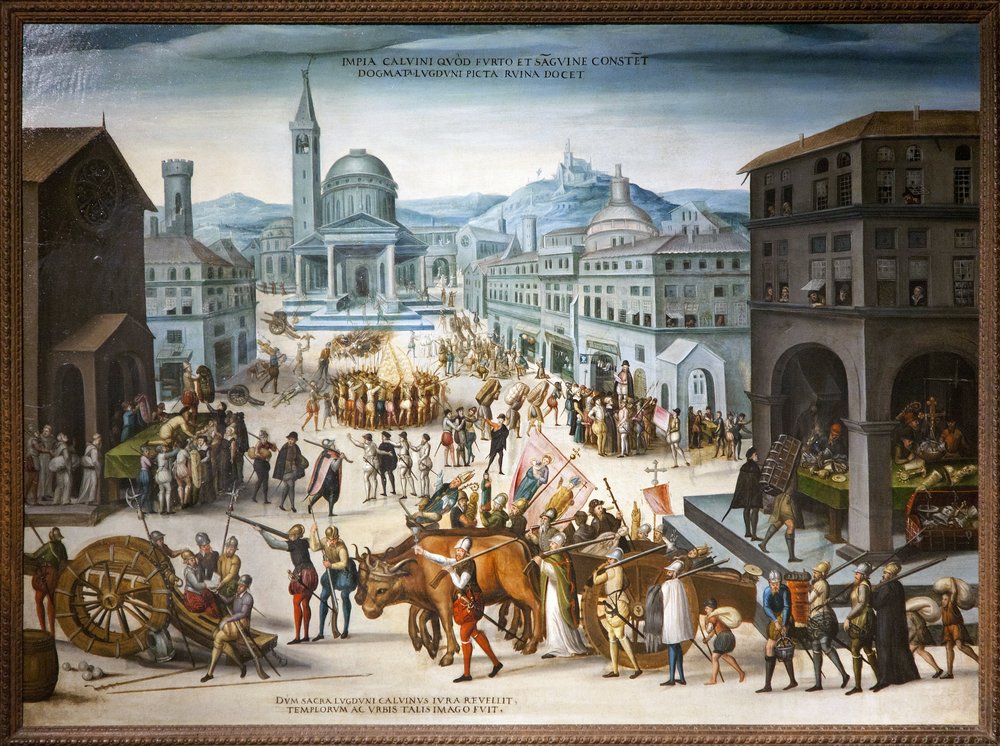 Plünderung von Lyon durch die Calvinisten im Jahr 1562. Protestantische ...
