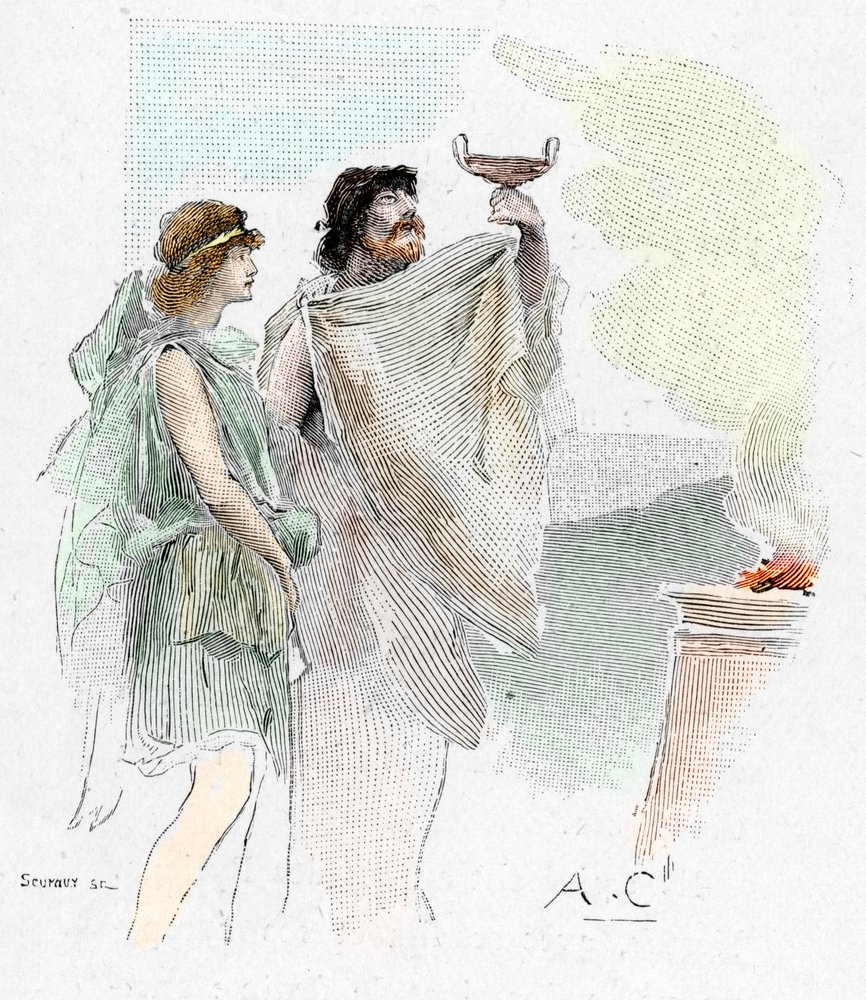 Odyssee von Homer: Peisistratos, Sohn von Nestor, bietet Telemachus in