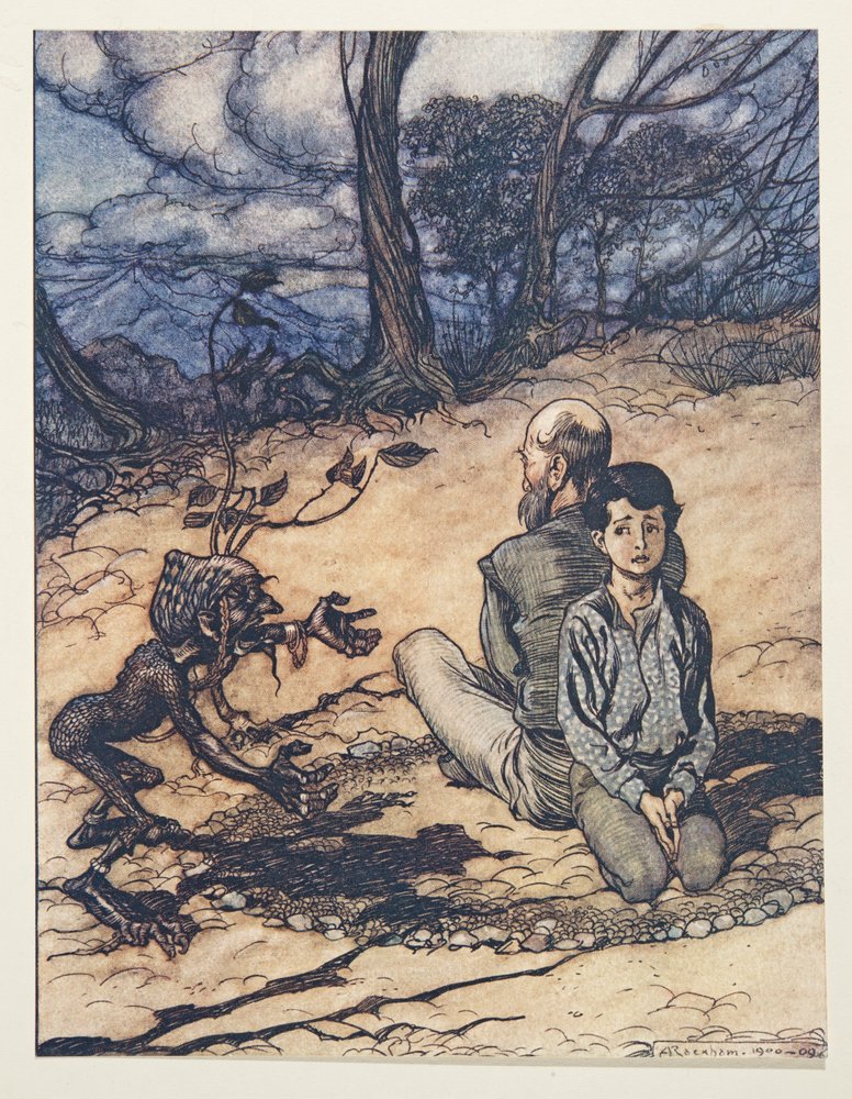Der Sohn zog einen Kreis, und sein Vater und er nahmen darin ihre Plätze ein, und das kleine schwarze Männchen erschien, aus den Märchen der Brüder Grimm, veröffentlicht 1909 von Arthur Rackham