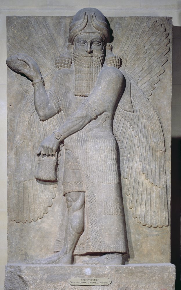 Relief mit der Darstellung eines geflügelten Genius aus dem Palast Sargons II. in Khorsabad, Irak von Assyrian