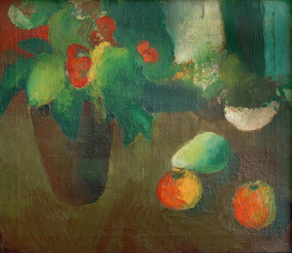 Stilleben mit Begonie, Äpfeln und Birne von August Macke