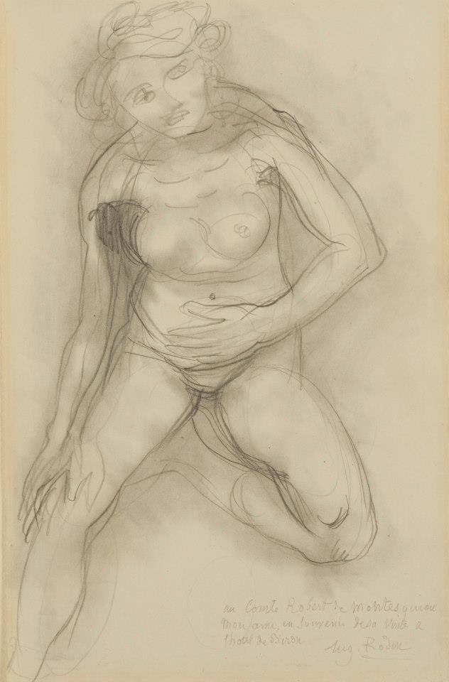 Nackte Frau, frontal sitzend, mit einem angezogenen Bein von Auguste Rodin