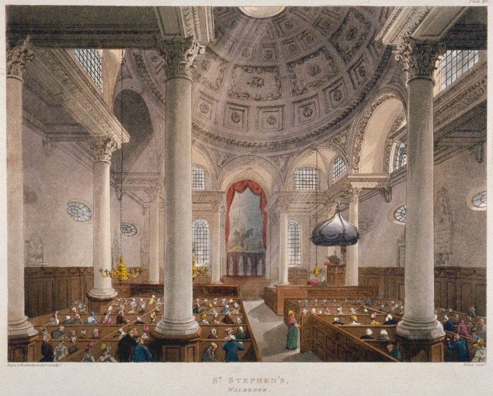 Innenraum der Kirche St Stephen Walbrook während eines Gottesdienstes, City of London, 1809 von Augustus Charles Pugin, Thomas Rowlandson