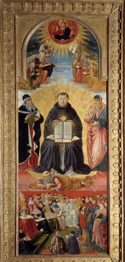 Der Triumph des heiligen Thomas von Aquin (1225-1274), dargestellt umgeben von Platon (rechts) und Aristoteles, dessen Schüler er ist. Zu seinen Füßen liegt Wilhelm von Saint-Amour. Oben segnet Christus die Evangelisten. Unten ist Papst Sixtus IV. von Benozzo di Lese di Sandro Gozzoli
