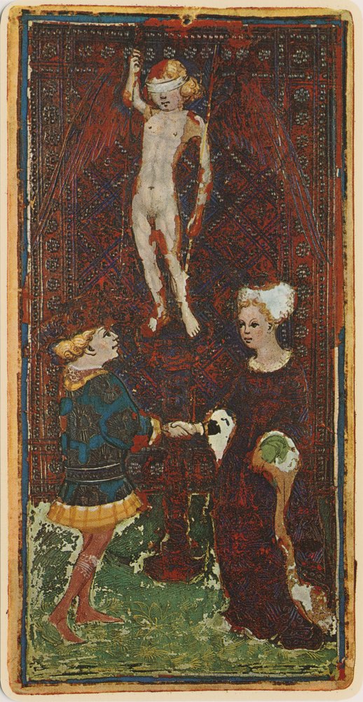 Die Liebenden, Faksimile einer Tarotkarte aus dem „Visconti“-Kartenspiel, 1441-47 von Bonifacio Bembo