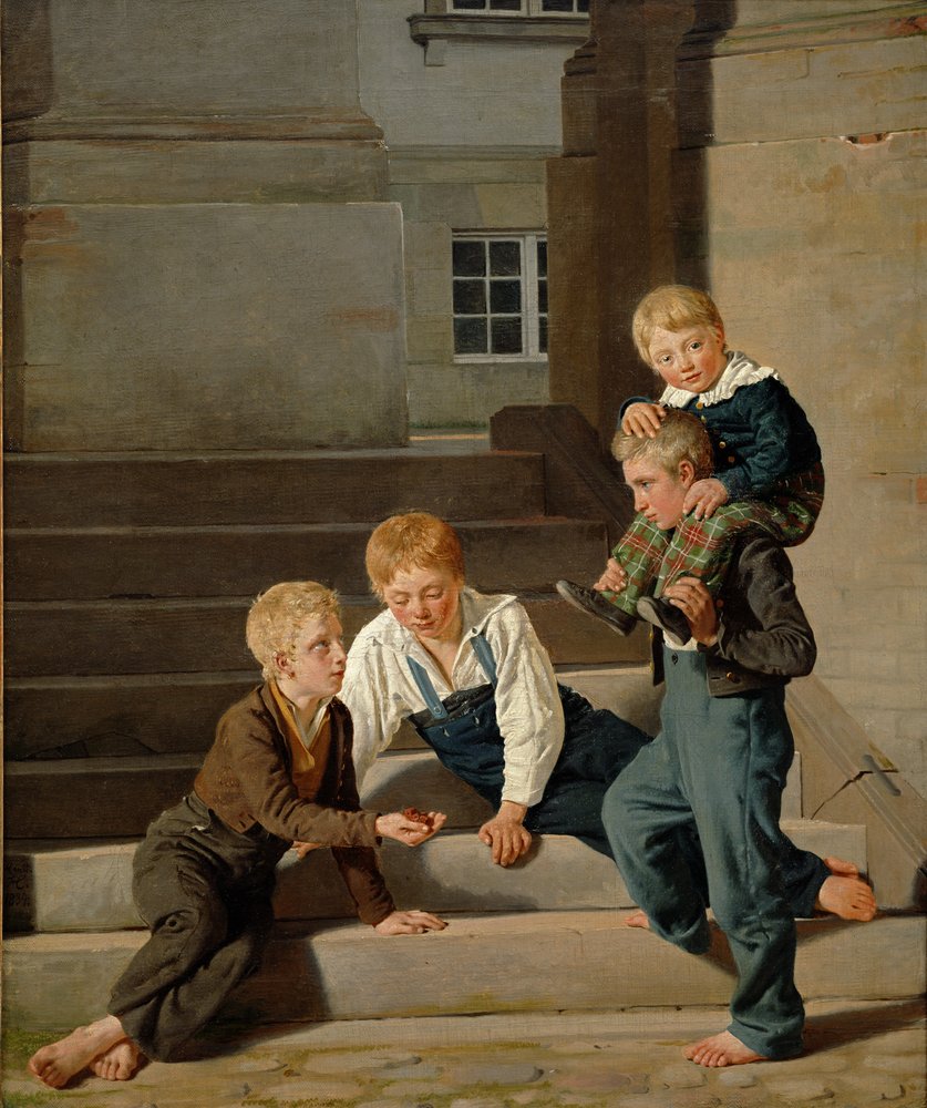 Jungen spielen Würfel vor Schloss Christiansborg, Kopenhagen, 1834 von Carl-Christian-Constantin Hansen