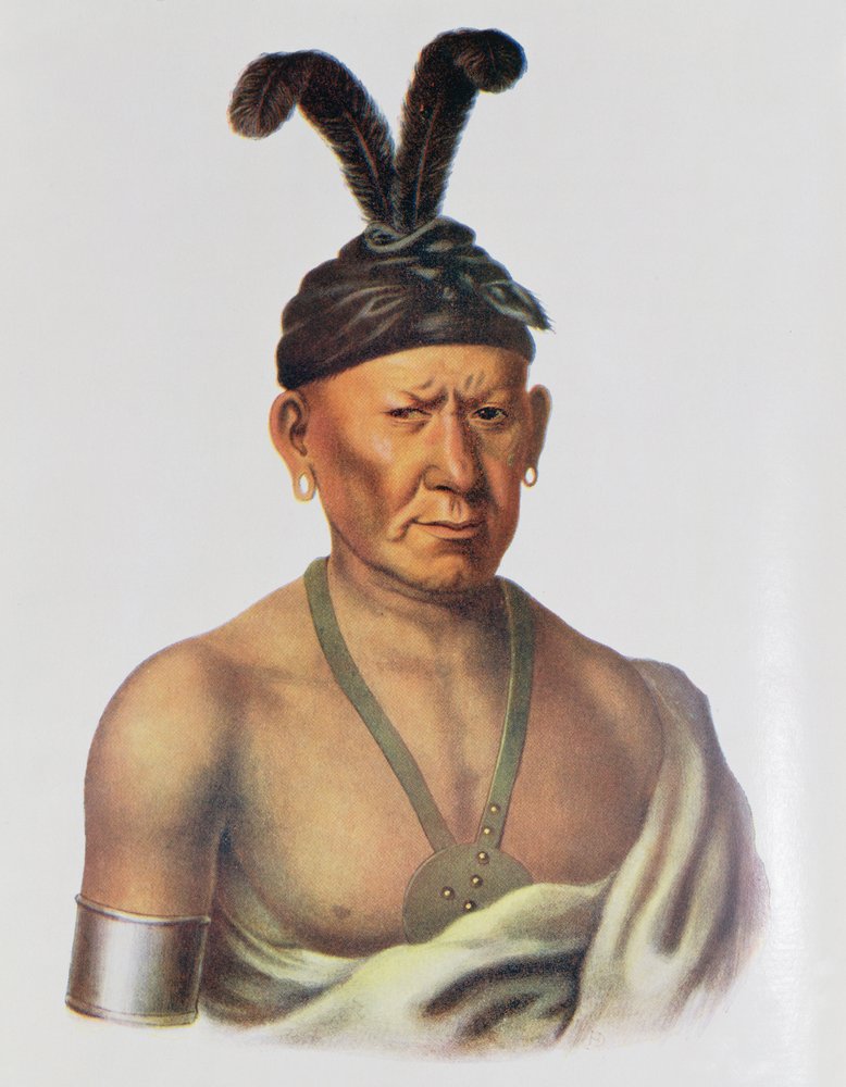 Wakechai oder „Kauernder Adler“, ein Häuptling der Sauk, Illustration aus „Die Indianerstämme Nordamerikas, Band 2“ von Thomas L. McKenney und James Hall, veröffentlicht von John Grant von Charles Bird King
