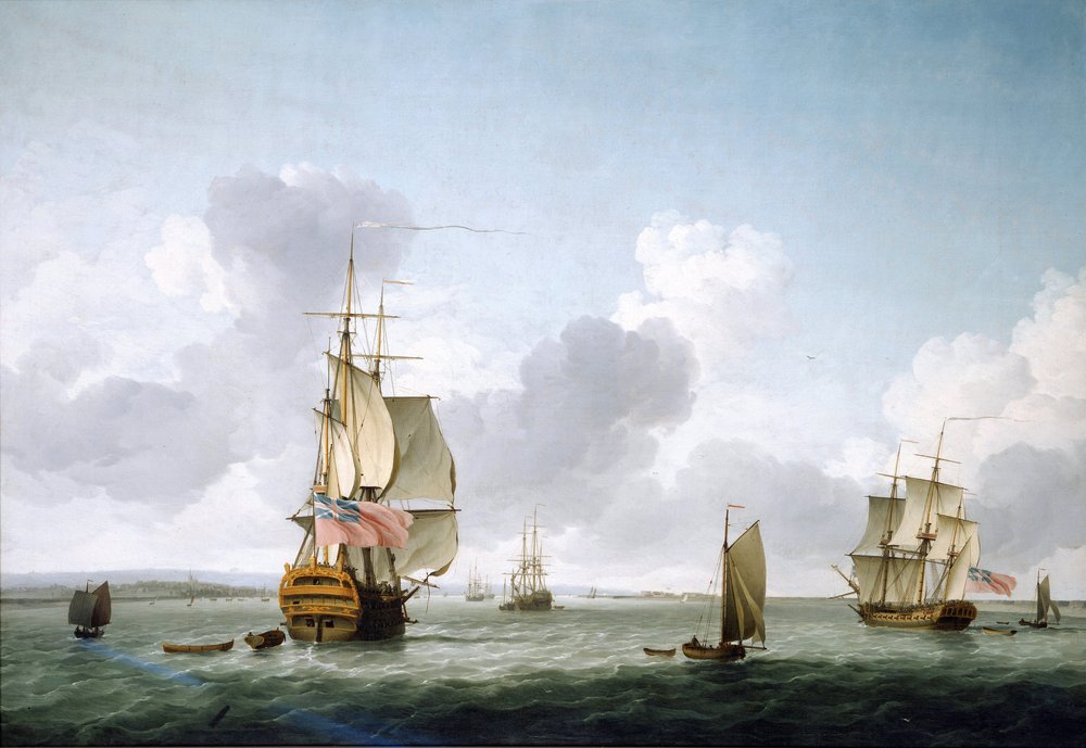 Ein Schiff mit zwei Decks und eine Fregatte, die die Themse (England) hinauffahren, vor Gravesend. Öl auf Leinwand von Charles Brooking (1723-1759) von Charles Brooking