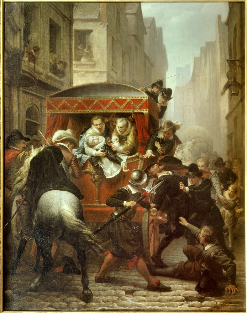 Tod Heinrichs IV.: „Ermordung Heinrichs IV., König von Frankreich, und Verhaftung Ravaillacs“. Ermordung König Heinrichs IV. (1553-1610) und Verhaftung François Ravaillacs (1578-1610) am 14/05/1610 in der Rue de la Ferronnerie in Paris von Charles Housez