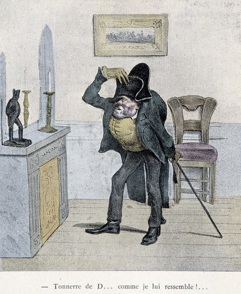 Donner des D... wie ich ihm ähnlich sehe!... Karikatur von Travies aus dem 19. Jahrhundert, die einen Mann zeigt, der sich mit einer Statuette von Napoleon vergleicht. von Charles Joseph Travies de Villiers