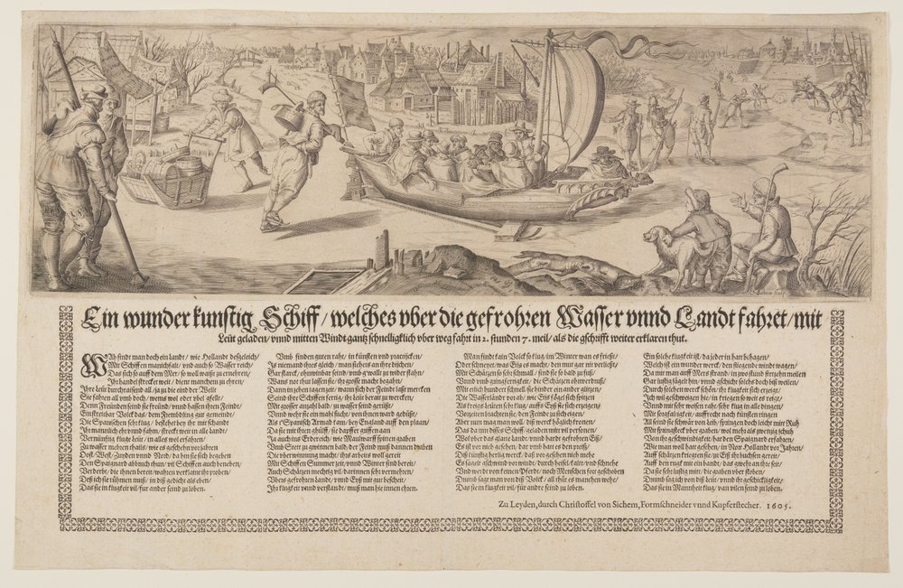 Flugblatt mit einem Lastkahn, der auf Eis segelt