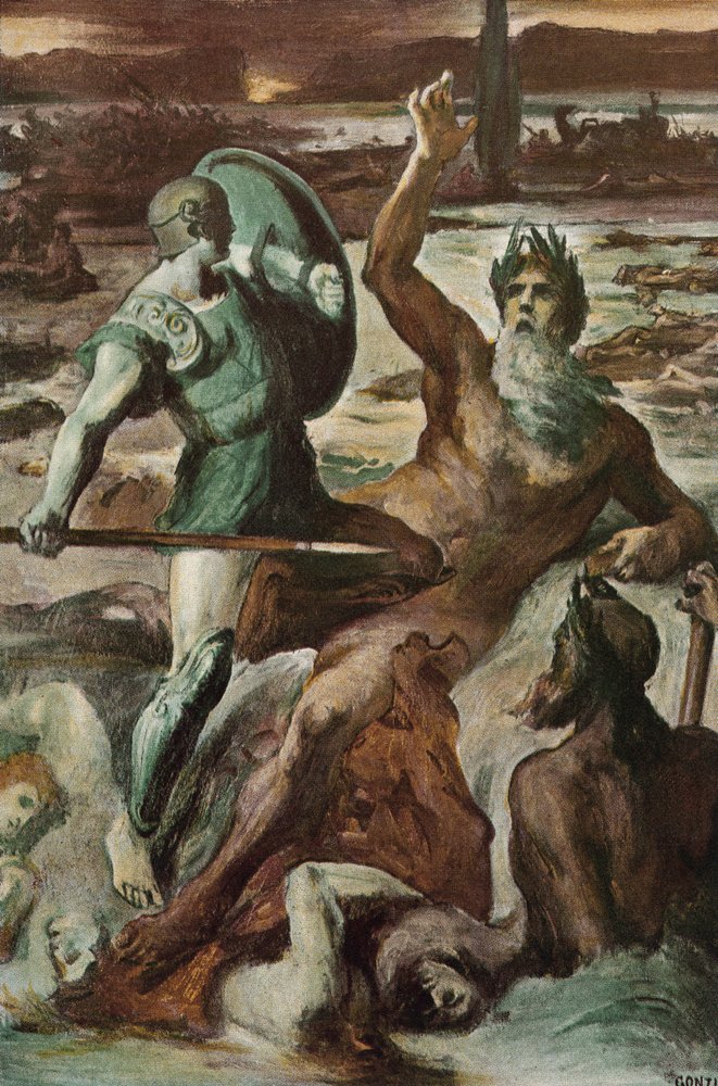 Der Kampf von Achilles und dem Skamander-Fluss. Illustration von ...