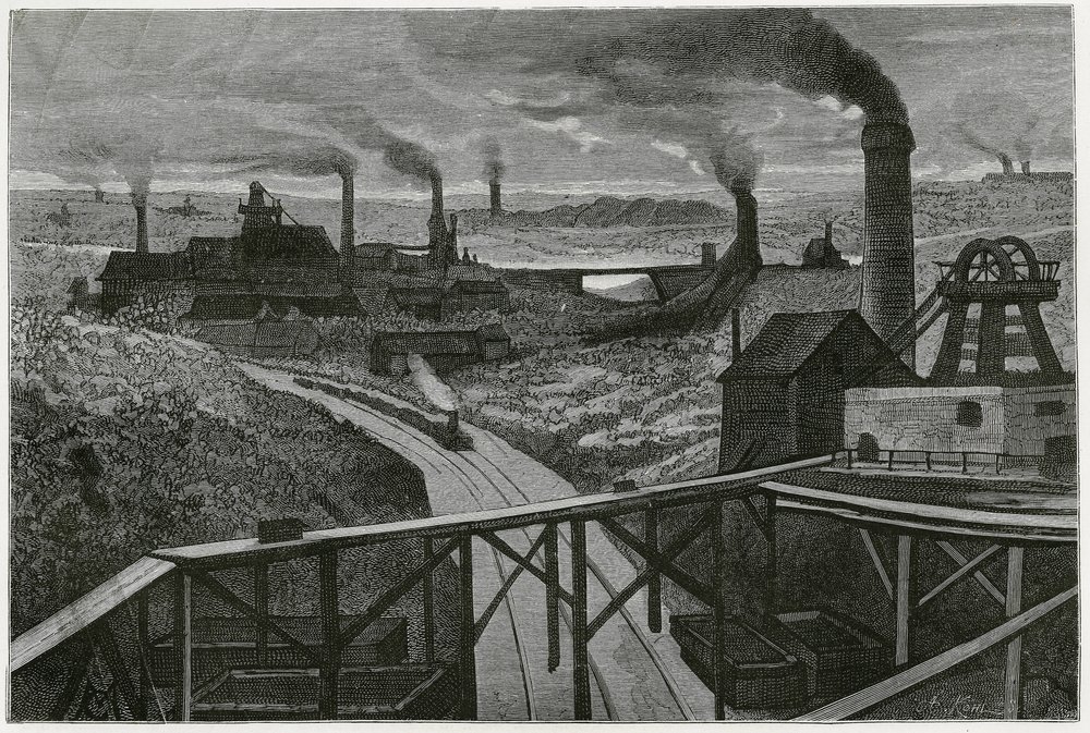 Kohlebergbau und Terrils (Aspekte der Contree Boraine). Gravur von Constant Meunier, zur Illustration der Geschichte „Belgien“, von Camille Lemonnier (1844-1913), belgischer Schriftsteller. Veröffentlicht in Le Tour du monde, 2. Semester 1884. von Constantin Emile Meunier