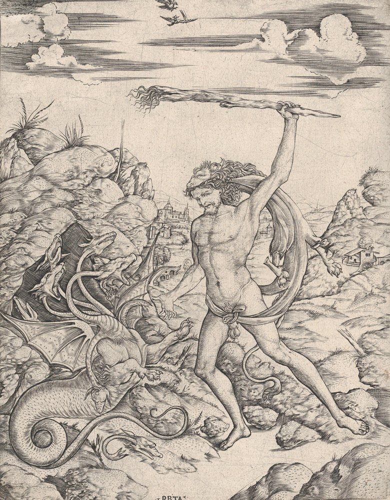 Herkules und die Hydra, mit einer Fackel greift er die geflügelte, mehrköpfige Hydra an, ca. 1500-1520 von Cristofano di Michele Martini