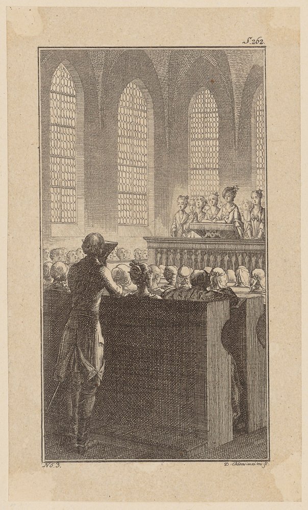 Bunkel in einer Kapelle beim Morgengebet, Blatt 3 aus "Leben Bemerkungen und Meinungen Johann Bunkels" von Daniel Nikolaus Chodowiecki