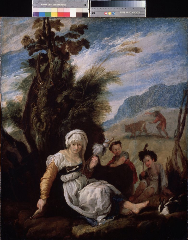Adam und Eva, Adam arbeitet auf dem Feld und abends mit ihren zwei ...