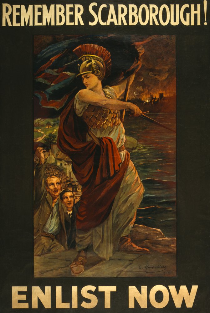 Rekrutierungsplakat Erinnere dich an Scarborough! Melde dich jetzt an, veröffentlicht 1914 von Edith Kemp-Welch