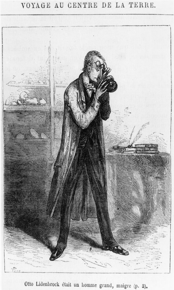 Professor Otto Lidenbrock, Illustration aus „Reise zum Mittelpunkt der Erde“ von Jules Verne (1828-1905), Paris, Hetzel von Edouard Riou