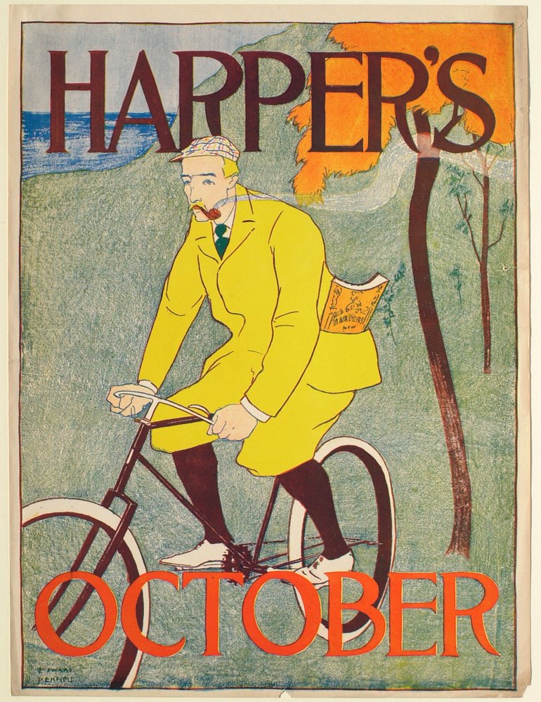 Mann im gelben Anzug auf einem Fahrrad, Oktober-Ausgabe von Harper