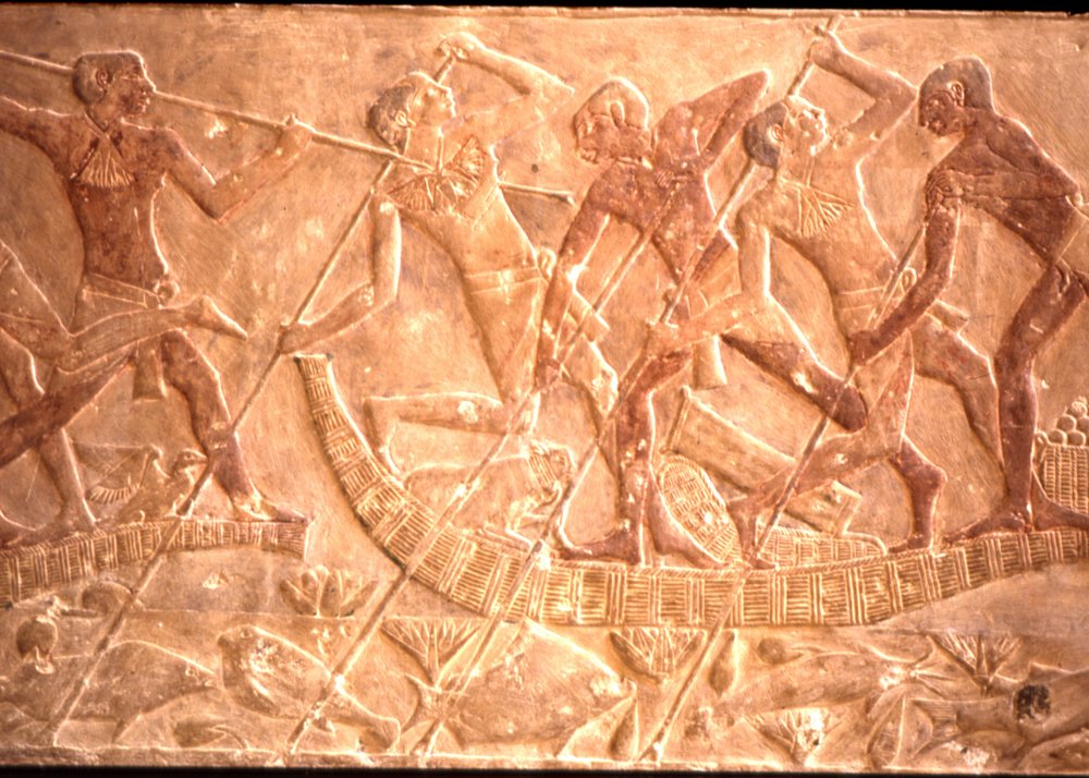 Männer beim Fischfang mit Speeren von einem Papyrusboot aus, Grab des Ptahhotep, 5. Dynastie von Egyptian 5th Dynasty