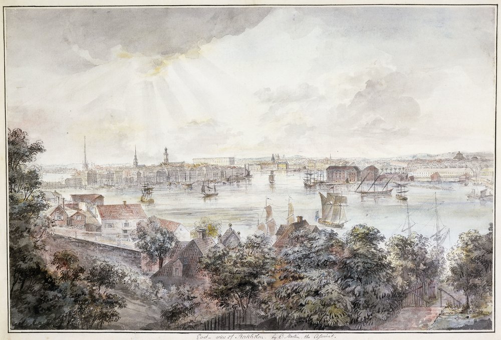Ein Blick auf Stockholm von Söder mit dem Königspalast, Storkyrkan, Riddarholmskyrkan und Tyska kyrkan von Elias Martin
