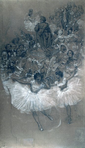 Balletttänzer und Beethoven - Cartoon für den Vorhang des Stadttheaters von Rio de Janeiro von Eliseu Visconti