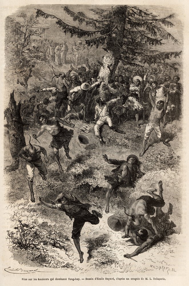 Rixe auf den Höhen, die Tong-hay (oder Tong hay) dominieren, eines der Mitglieder der Expedition, das auf den Höhen der Stadt zeichnete, wird von einer neugierigen Menge verfolgt, die einen allgemeinen Kampf erklärt, jeder will so nah wie möglich sehen von Emile Antoine Bayard