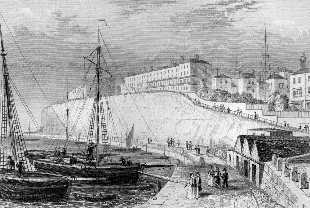 West Cliff, Ramsgate, um 1830 von English School: Kunstdruck