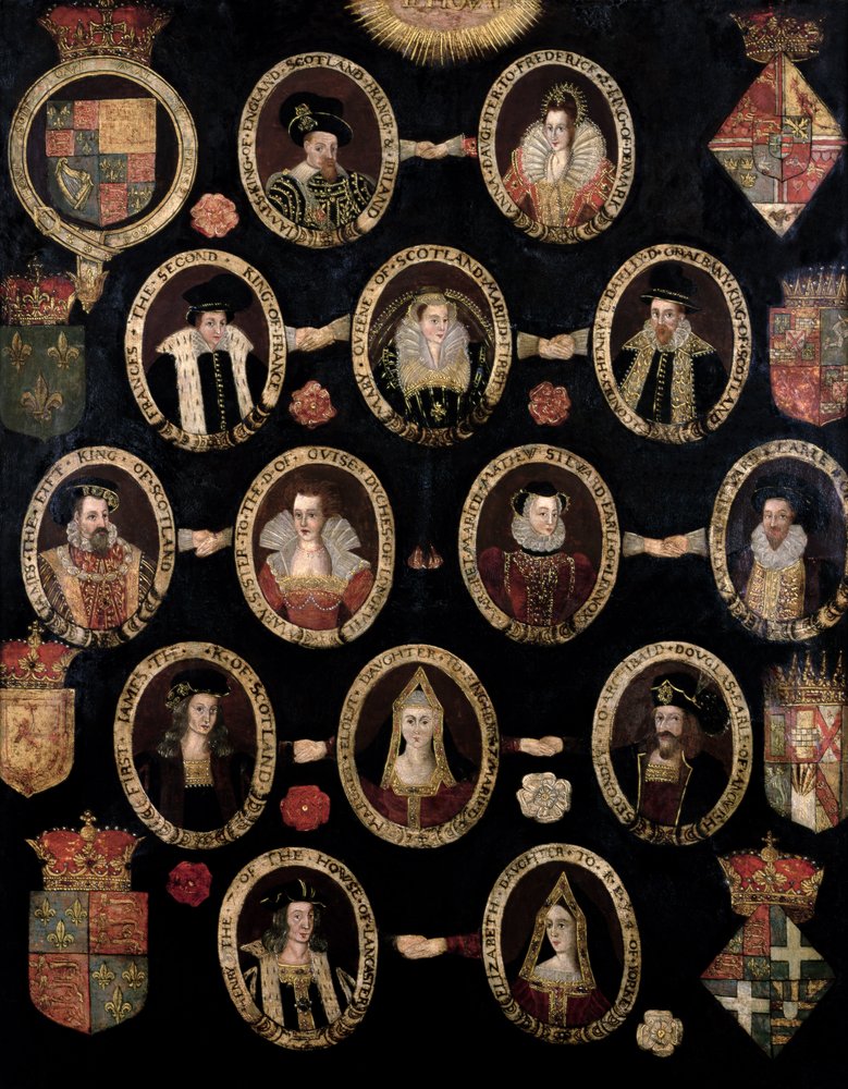 Stammbaum zur Abstammung Maria Stuarts, Königin von Schottland (1542-87), aus dem Hause Tudor und ihres Sohnes Jakob VI. von Schottland und I. von England (1566-1625), um 1603 von English School